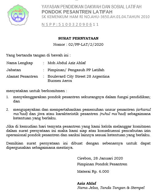 Contoh Surat Permohonan Membuka Pondok Tahfidz