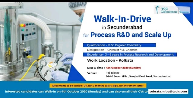 TCG Lifesciences | Walk-in interview at Hyderabad on 4th October 2020 for Process R&D 