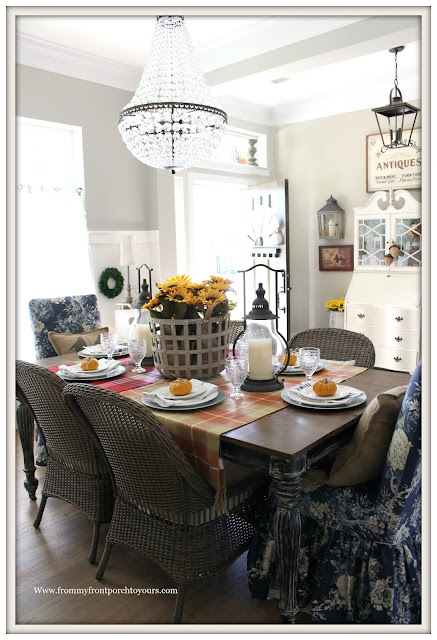 French Farmhouse Style Fall Dining Room-Wicker Dining Chairs-Basket of Sunflowers-From My Front Porch To Yours