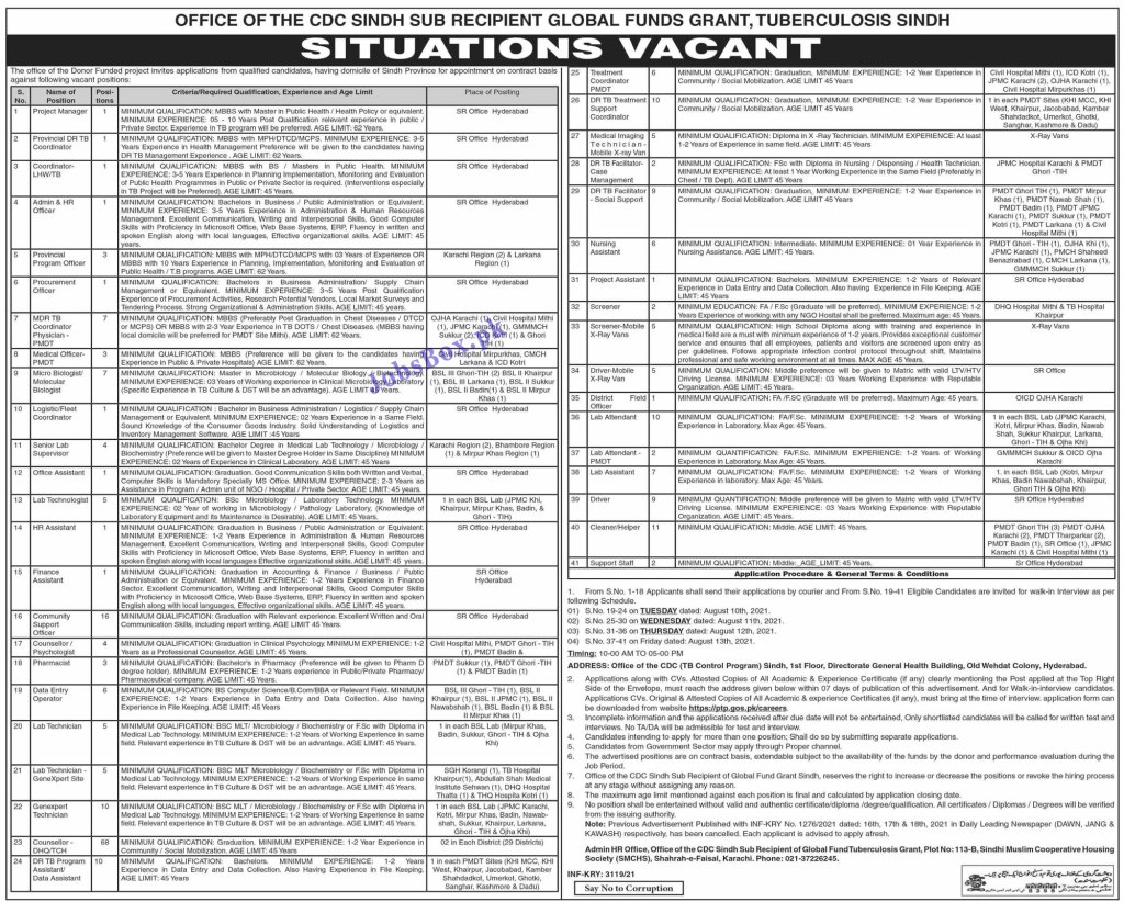 Provincial TB Control Program PTP Sindh Jobs 2021 – www.ptp.gos.pk