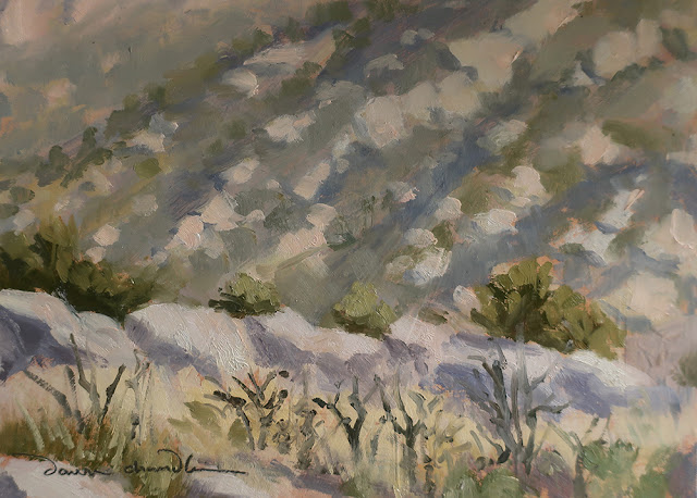 "Late Sunday Morning in the Albuquerque Foothills" original plein air landscape painting in oil by New Mexico artist Dawn Chandler.