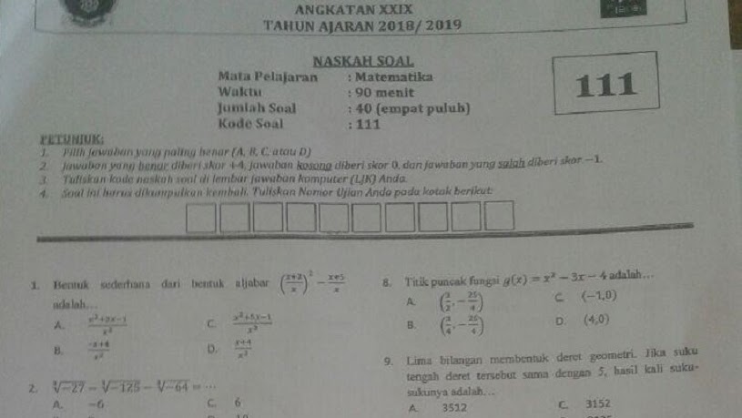 Soal Seleksi Tes Sma Taruna Nusantara Magelang Catatan