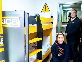 The Bunk Beds and Bathroom with Flyfour and Top Ender in the JCB Construction Cabin at Gulliver's Land