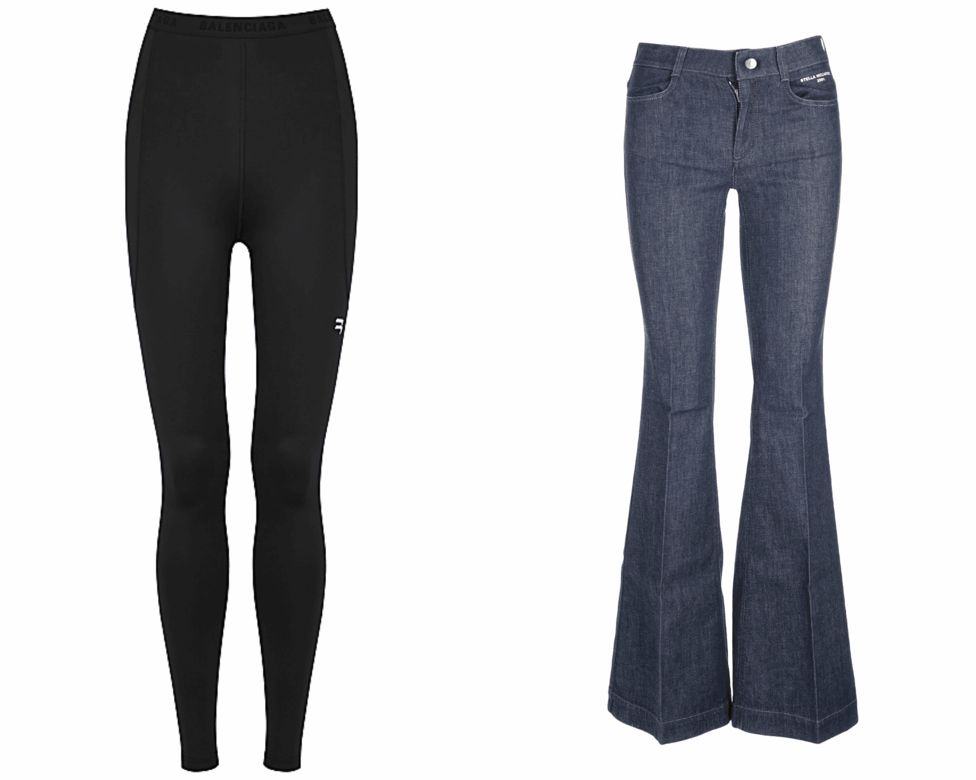 Two trousers, the first one is a Balenciaga pair of leggings, black and simple. The second one is a pair of flared blue jeans by Stella McCartney