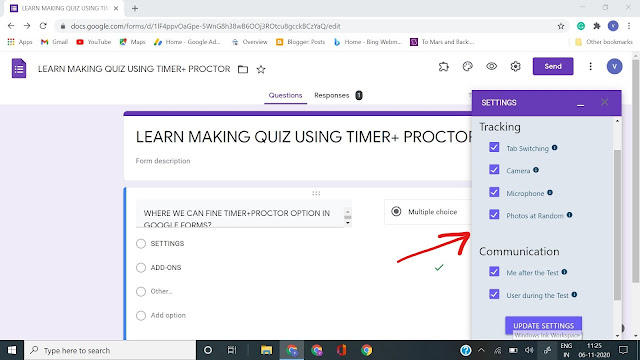 Screenshot of google forms with arrow pointing to options given in the proctor panel of timer + proctor.
