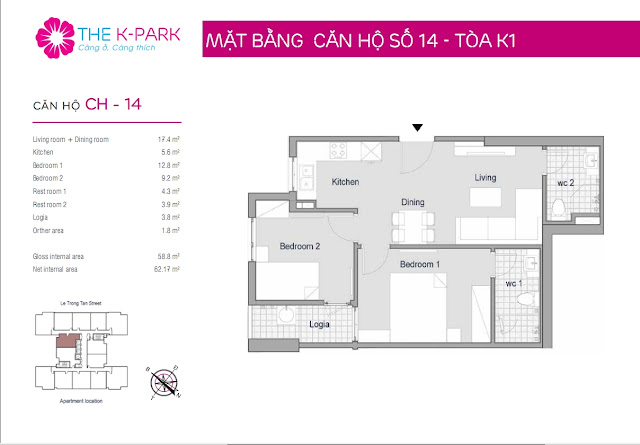 Thiết kế căn hộ 14 - Dt 58m2 - 02 phòng ngủ