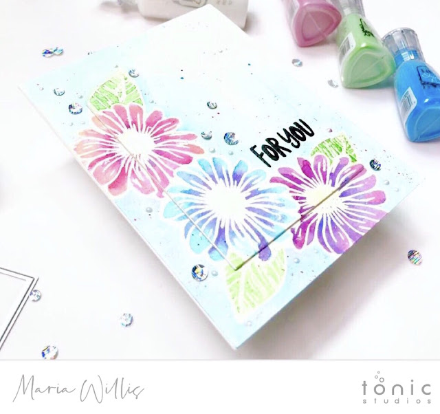 #cardbomb, #mariawillis, #cards, #stamp, #ink, #paper, #handmade, #handmadecards, #diy, #tonicstudios, #tonicstudiosusa, #color, #nuvo, #nuvoshimmerpowder, #video, #videotutorial, 
