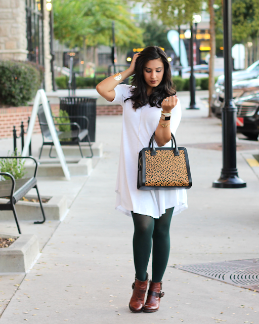 green tights, colored tights, how to wear colored tights, leopard bag, cheetah vera bradley bag, Natalie Crossbody in Cheetah, white tunic, white top, brown lipstick for fall, brown lipstick, buxom lipstick in revealed, freebird boots, fall outfits, fall fashion, fall 2015 fashion, alex and ani, kendra scott, apple watch, fashion apple watch