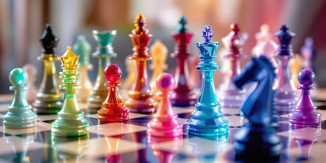 Colourful chess pieces on a chessboard, creatively designed.