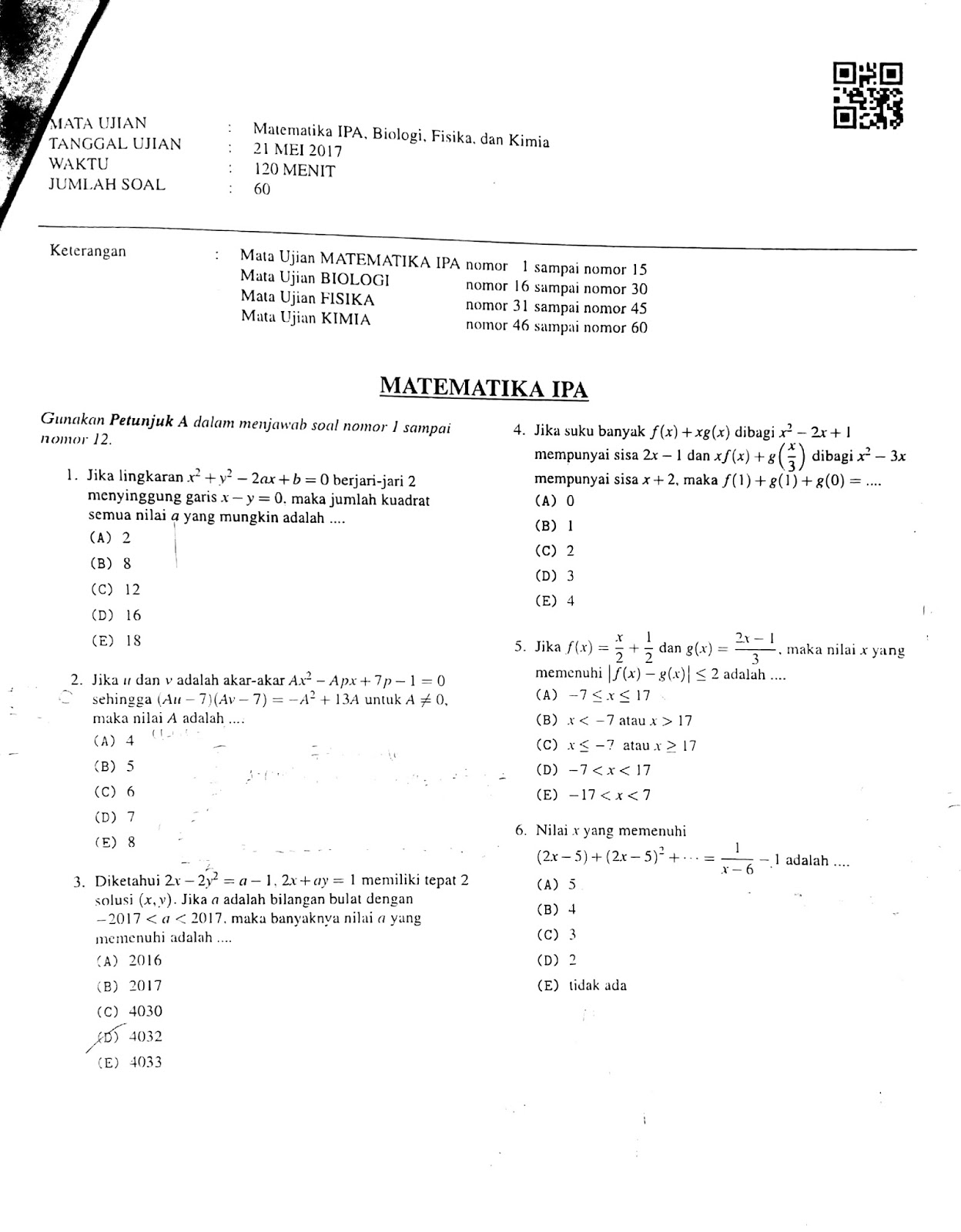 Soal Simak Ui Matematika Ipa Tahun 2017 Fawwaz Al Muzani