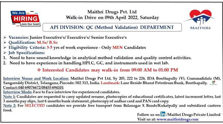 Job Availables,Maithri Drugs Pvt. Ltd  Walk-In-Interview For BSc/ MSc