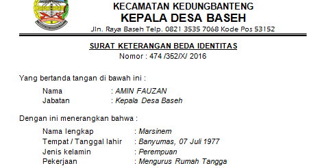 contoh surat spesifikasi teknis dan identitas  Contoh  Surat  Keterangan Beda Identitas 