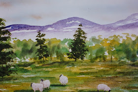 View from Little Keithock Farmhouse, near Fettercairn, Angus, Scotland  28x40 inches. Watercolor on paper, c. 1992.  In a private collection in Glasgow, Scotland