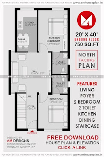 20 x 40 Ground floor plan under 750 square feet with 2 bedroom