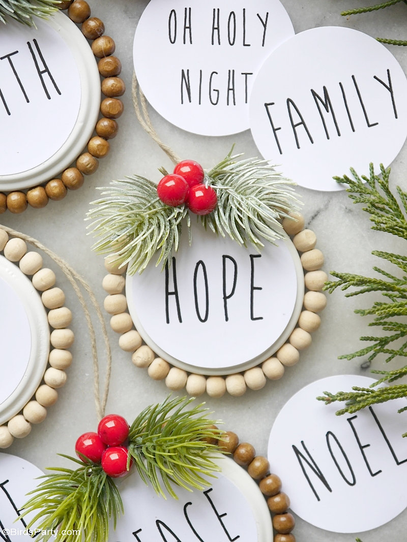 DIY Rae Dunn Inspired Christmas Tree Ornaments With Printables - easy, quick recycled ornaments to craft printable gift tags in a farmhouse style!