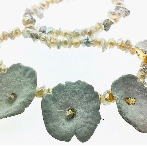 paper mache floral necklace with varied bead chain