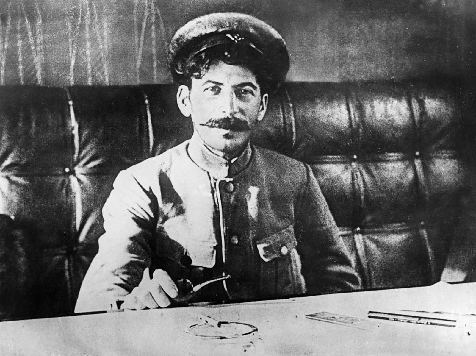 Stalin did not fight during the First World War. As a child he had been struck on two separate occasions by horse-drawn carriages, causing permanent damage to his left arm, and exempting him from the front. 1918.