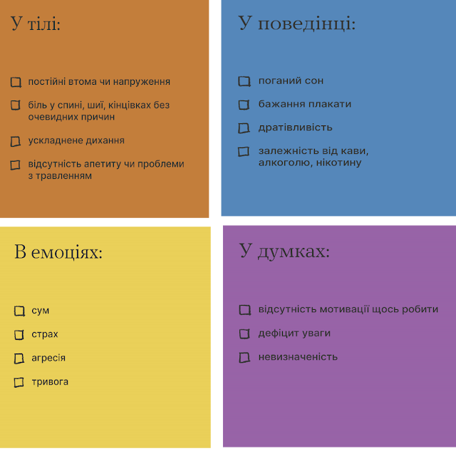 У тілі: постійні втома чи напруження; біль у спині, шиї, кінцівках без очевидних причин; ускладнення дихання; відсутність апетиту чи проблеми з травленням.       В емоціях: сум; страх; агресія; тривога.      У поведінці: поганий сон; бажання плакати; дратівливість; залежність від кави, алкоголю, нікотину.       У думках: відсутність мотивації щось робити; дефіцит уваги; невизначеність.