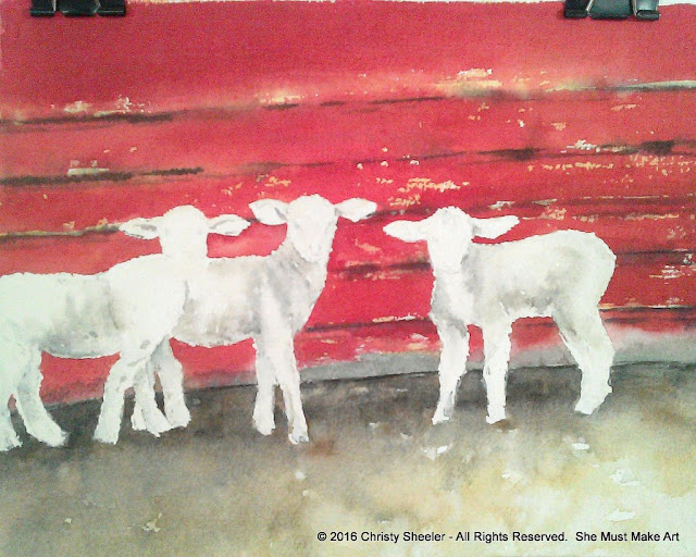 Watercolor painting of lambs before lifting watercolor from select areas.