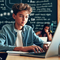 A student using a laptop with an AI tool while working on a school project in a classroom setting. Make sure to capture the concentrated expression of the student as they use technology to enhance their learning. Try to frame the scene in a way that shows the teacher is present and available to help, but allowing the student to work independently. Perhaps you can include some notes or sketches on the chalkboard in the background to convey the idea that the class is learning together. Remember to capture the human interaction that is so important for education, even when using technology.