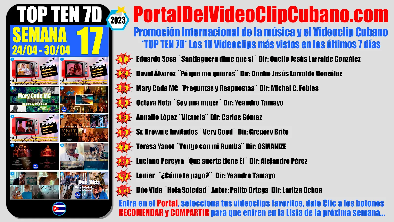 Artistas ganadores del * TOP TEN 7D * con los 10 Videoclips más vistos en la semana 17 (24/04 a 30/04 de 2023) en el Portal Del Vídeo Clip Cubano