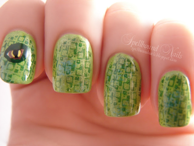 nails nailart nail art polish mani manicure Spellbound ABC Challenge I is for iguana animal scales green blue stamp stamped stamping plate Born Pretty Store eye reptile