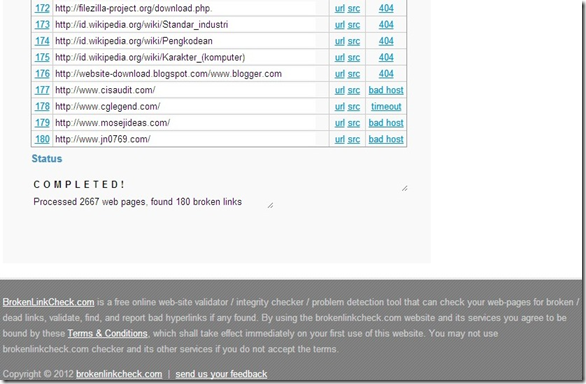 tampilan hasil pemeriksaan bad link checker