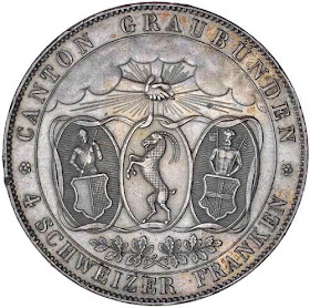 SWITZERLAND SILVER CROWN GRAUBUNDEN 4 FRANCS SHOOTING THALER