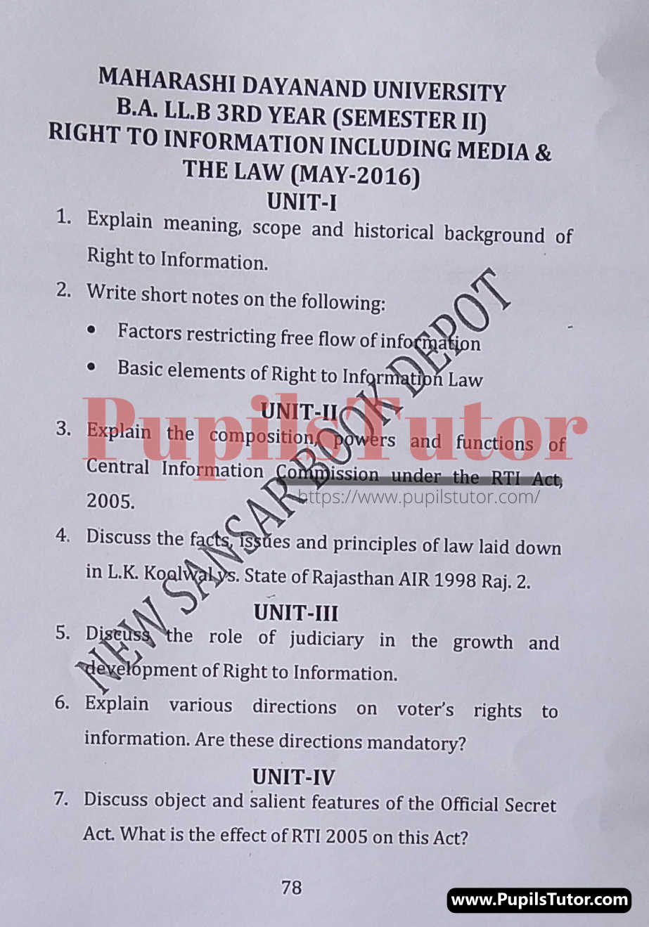 MDU (Maharshi Dayanand University, Rohtak Haryana) LLB Regular Exam (Hons.) Second Semester Previous Year Right To Information Including Media And The Law Question Paper For May, 2016 Exam (Question Paper Page 1) - pupilstutor.com