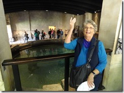 Elaine throwing her lucky penny in the Roman Bath