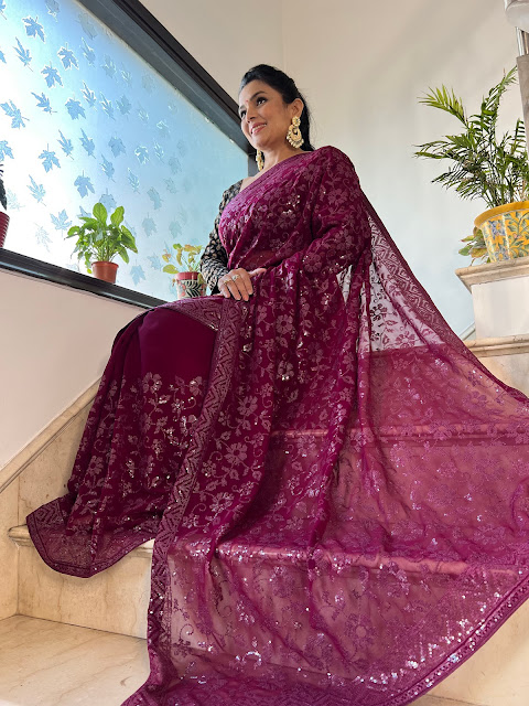 Embroidered wine saree