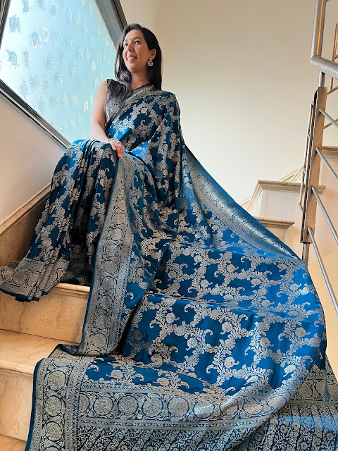 Blue jangla jaal silk Banarasi saree