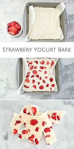 Easy strawberry yogurt bark. A refreshing twist on eating yogurt and yummy snack for the kids!