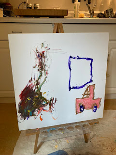 kid painting, on the left side is finger painting, on the right is  pink car