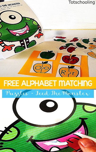 FREE alphabet game for preschoolers. Match letter cases to complete the apple puzzles, feed them to the monster, then write down the letters they fed to the monster. Fun game to practice the alphabet and handwriting.