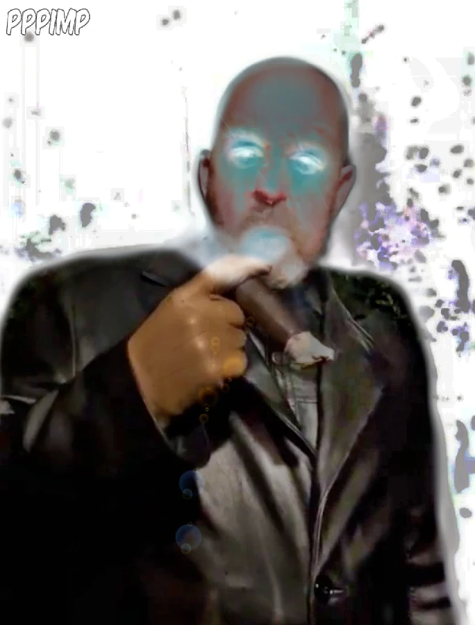 Facing opposite direction Digital art created by Oregonleatherboy PPPimp of large bald hypnosmoke Master wearing leather blazer while smoking a fat cigar with eyes glowing hypnotically