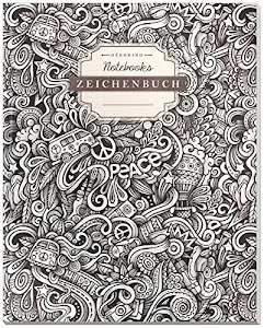 DÉKOKIND Zeichenbuch | DIN A4, 122 Seiten, Register, Vintage Softcover | Dickes Blanko-Notizbuch zum Selbstgestalten | Motiv: Doodle Pattern