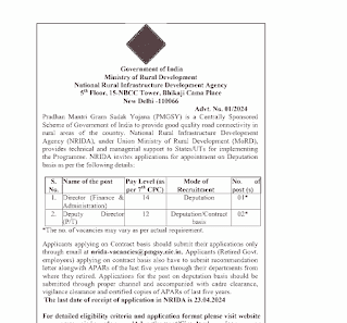 प्रधानमंत्री ग्राम सड़क योजना (पीएमजीएसवाई) में डायरेक्टर एवं डिप्टी डायरेक्टर के रिक्त पदों में भर्ती