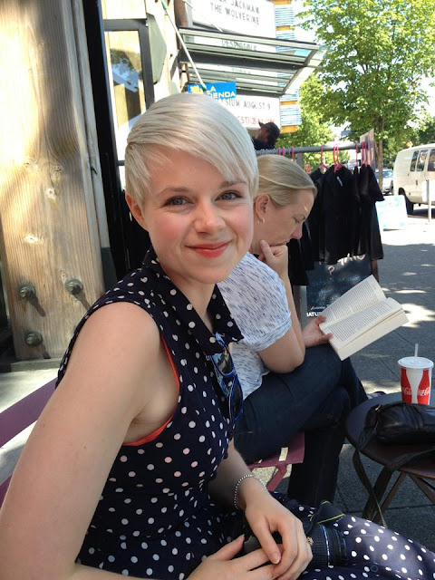 cupcake royale, polka dots, dress, summer, blonde, pixie cut, short hair, fleur d'elise, in style, fashion, seattle