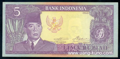  rupiah ini merupakan kepingan terkecil dari seri Sukarno  39. Rp.5 seri Sukarno (1960)