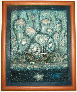 Paisagem subaquática - Barco do Século XVII afundado /Quadro tridimensional com pintura aóleo, sobre massa de moldar e placa de MDF e aplicações de cerâmica, massa de moldar, resina ( barco), areia, conchas coral. - ano 2004.