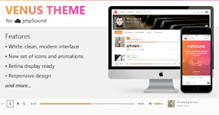 Venus is a Theme for the phpSound Music Sharing Platform, featuring a flat, clean, and modern interface, retina display ready, cross-browser compatible and mobile responsive.  Features White, clean, unique & modern interface New set of icons and animations Retina display ready Responsive design