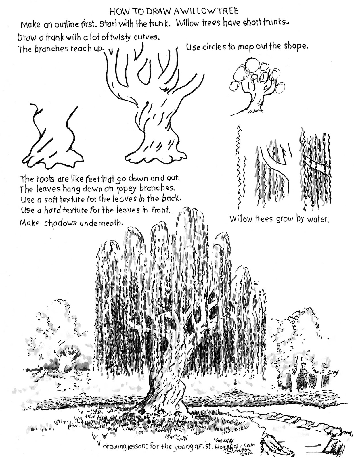 How to Draw Worksheets for The Young Artist: How to Draw a Willow Tree.