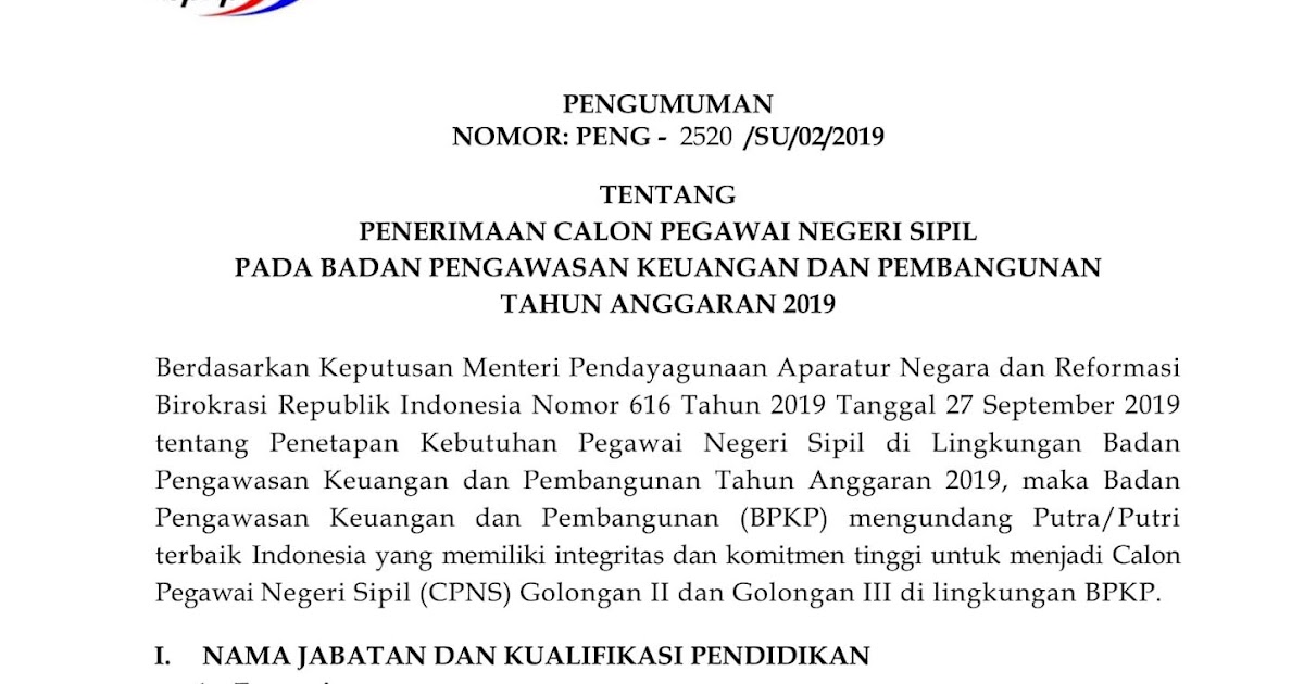 Lowongan Kerja Lowongan CPNS Badan Pengawasan Keuangan dan Pembangunan  Anggaran  [160 Formasi]  April 2024