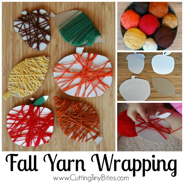 Fine motor fall craft for kids.  Soft and cozy yarn is a great sensory experience, too.  Great autumn activity for older toddlers, preschoolers, or elementary children.