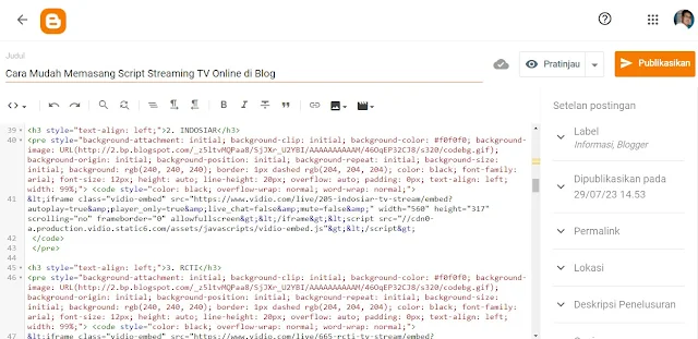 Cara Mudah Memasang Script Streaming TV Online di Blog