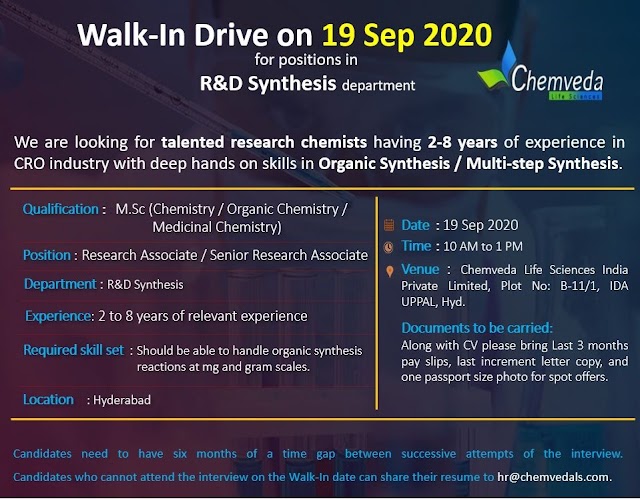 Chemveda Lifesciences | Walk-in drive for R&D Synthesis on 19 Sept 2020 at Hyderabad