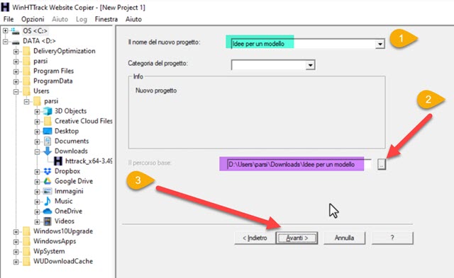 impostare progetto in httrack web copier