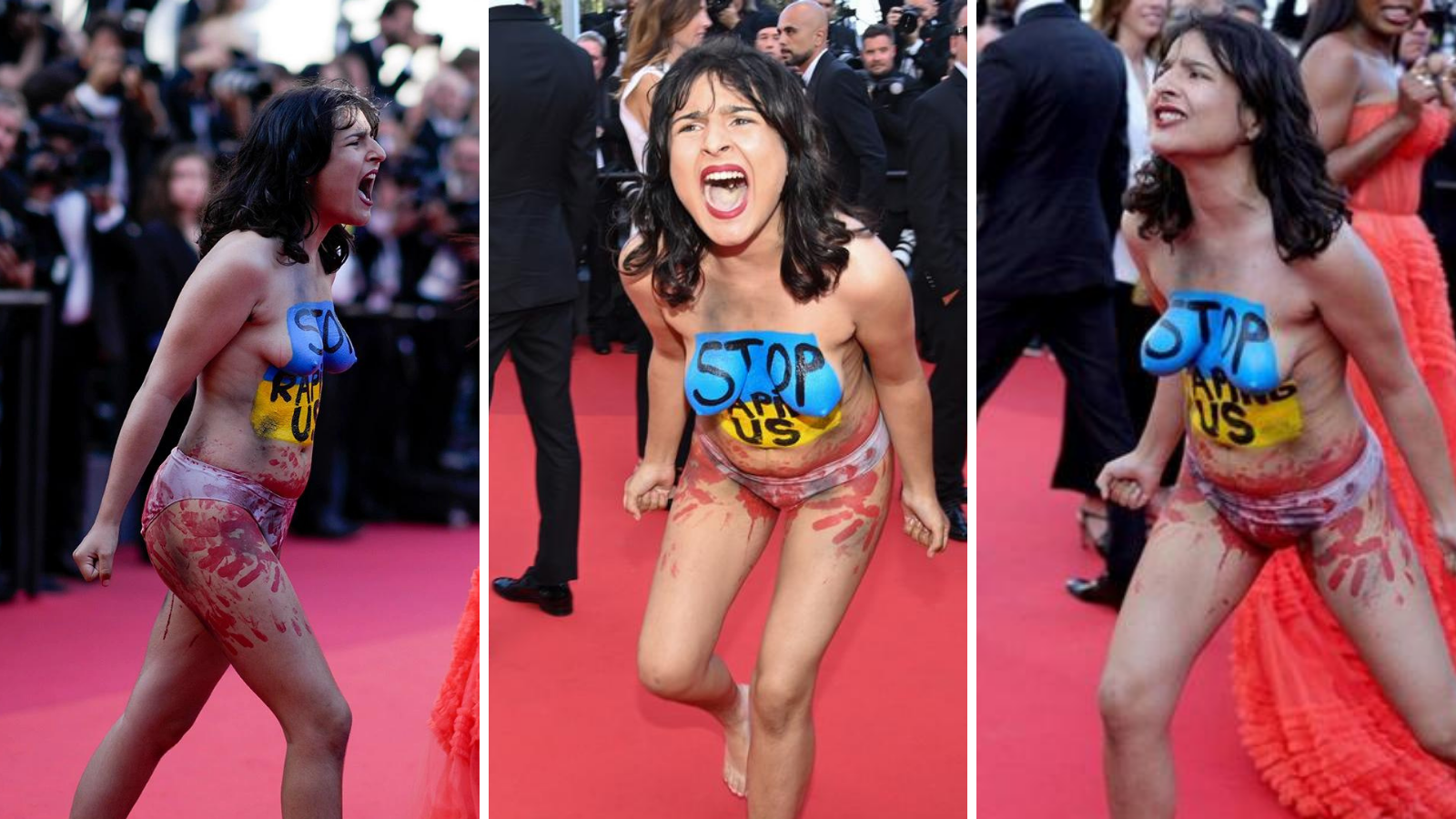 Cannes 2022 Topless Woman Crashes Red Carpet with Ukrainian Flag on Her Breast