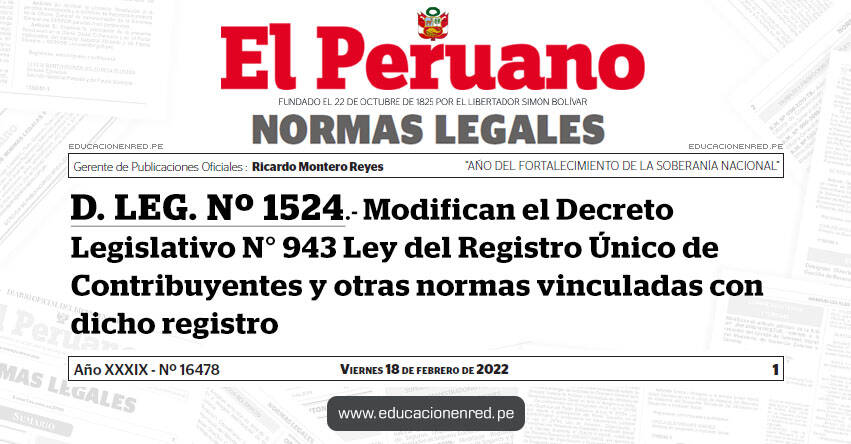 D. LEG. Nº 1524.- Decreto Legislativo que modifica el Decreto Legislativo N° 943 Ley del Registro Único de Contribuyentes y otras normas vinculadas con dicho registro